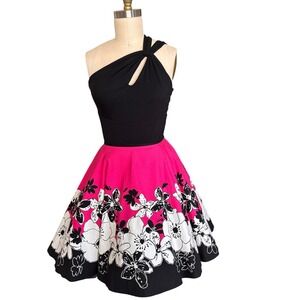 Floral Pinup Rockabilly Tiki Circle Skirt Medium Pink Black White